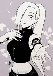 Rule 34 | 1girl, arm warmers, buttons, hair over one eye, looking at viewer, midriff, monochrome, naruto (series), naruto shippuuden, navel, polarityplus, ponytail, sleeveless, smile, solo, upper body, yamanaka ino