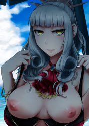 Rule 34 | 1girl, ascot, bare shoulders, bikini, bikini pull, blunt bangs, breasts, carmilla (fate), carmilla (summertime mistress) (fate), clothes pull, curly hair, day, fate/grand order, fate (series), grey hair, hair ornament, highres, layered bikini, lips, long hair, nail polish, nipples, ocean, open mouth, outdoors, ponytail, smile, solo, swimsuit, umbrella, water, yellow eyes