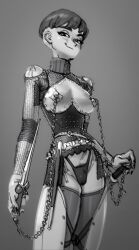 Rule 34 | 1girl, absurdres, armor, bad id, bad twitter id, black nails, breast cutout, breast piercing, breasts, breasts out, closed mouth, contrapposto, dagger, female pubic hair, fingernails, grey background, greyscale, highleg, highleg panties, highres, holding, holding dagger, holding knife, holding weapon, knife, long sleeves, looking at viewer, medium breasts, monochrome, nail polish, original, panties, pubic hair, pubic hair peek, short hair, simple background, smile, solo, stiletto (weapon), sword, thighhighs, underwear, wass nonnam, weapon