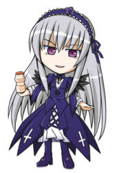 Rule 34 | &gt;:), 00s, 1girl, chibi, cross, date (hoshikariza), dress, full body, gothic lolita, headdress, holding, inverted cross, lactic acid bacteria, layered dress, lolita fashion, long hair, looking at viewer, lowres, purple dress, purple eyes, ringed eyes, rozen maiden, silver hair, simple background, smile, solo, standing, suigintou, v-shaped eyebrows, white background, yakult