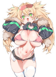 Rule 34 | + +, 1girl, absurdres, bikini, black gloves, black jacket, black shorts, blonde hair, breasts, cowboy shot, exposed pocket, eyewear on head, fur collar, gloves, green eyes, hair between eyes, head tilt, heart, heart hands, highleg, highleg bikini, highres, jacket, kz oji, large breasts, long hair, looking at viewer, micro shorts, navel, open mouth, oppai loli, original, pink bikini, shorts, simple background, skindentation, smile, solo, standing, stomach, swimsuit, thigh gap, thighhighs, twintails, white background, white thighhighs
