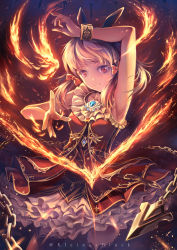 Rule 34 | 1girl, absurdres, amulet, arm above head, armpits, belt, blonde hair, bow, chain, cowboy shot, dress, embers, fantasy, fire, frilled dress, frills, gold trim, hair bow, highres, looking at viewer, low twintails, original, pyrokinesis, red bow, red dress, red eyes, smile, solo, soraizumi, thighhighs, twintails, twitter username