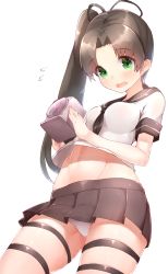 Rule 34 | 10s, 1girl, antenna hair, ass, ayanami (kancolle), bad id, bad pixiv id, boruhis, brown hair, brown skirt, commentary, eyebrows, flustered, flying sweatdrops, from below, gluteal fold, green eyes, hair ribbon, holding, kantai collection, long hair, midriff, navel, neckerchief, open mouth, panties, pantyshot, parted bangs, pleated skirt, ribbon, school uniform, see-through, serafuku, shirt, side ponytail, simple background, skirt, solo, stomach, sweatdrop, thigh strap, underwear, upshirt, upskirt, wavy mouth, white background, white panties