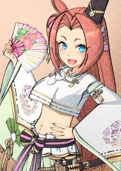 Rule 34 | 1girl, 2-butani, :d, absurdres, animal ears, blue eyes, brown hair, crop top, ear covers, folding fan, from side, hand fan, highres, holding, holding fan, horse ears, horse girl, japanese clothes, katana, kawakami princess (mizuboshi) (umamusume), kawakami princess (suikan beauty) (umamusume), kawakami princess (umamusume), long hair, looking at viewer, midriff, navel, official alternate costume, one side up, open mouth, pink background, sheath, sheathed, simple background, single ear cover, smile, solo, sword, umamusume, upper body, weapon, wide sleeves