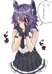 Rule 34 | 1girl, black gloves, breast pocket, breasts, checkered necktie, eyepatch, gloves, hands on own cheeks, hands on own face, headgear, high-waist skirt, highres, kantai collection, large breasts, ld (luna dial398), necktie, partially fingerless gloves, pocket, purple hair, school uniform, shirt, short hair, skirt, sleeveless, sleeveless shirt, solo, tenryuu (kancolle), tenryuu kai ni (kancolle), thought bubble, translation request, white shirt, yellow eyes