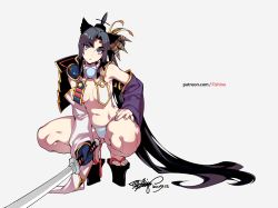 Rule 34 | 1girl, armor, ass, asymmetrical sleeves, bare legs, bare shoulders, black hair, blue eyes, blue gloves, blue panties, breast curtains, breasts, circlet, detached sleeves, fate/grand order, fate (series), feather hair ornament, fishine, gloves, grey background, hair ornament, hat, high heels, highres, holding, holding sword, holding weapon, katana, long hair, looking at viewer, mismatched sleeves, navel, okobo, panties, parted bangs, pom pom (clothes), revealing clothes, sandals, side ponytail, simple background, solo, squatting, sword, thick eyebrows, tiptoes, underwear, ushiwakamaru (fate), very long hair, watermark, weapon, web address
