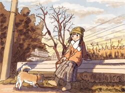 Rule 34 | 1girl, arm at side, arm rest, bare tree, beanie, blush, boots, brown footwear, brown hair, closed mouth, cloud, cloudy sky, dog, full body, fur-trimmed jacket, fur trim, green hat, grey skirt, guard rail, hat, highres, house, jacket, long hair, long skirt, long sleeves, looking down, morning, nature, original, outdoors, pet walking, plaid, plaid skirt, pleated skirt, power lines, red jacket, shadow, sitting, skirt, sky, smile, solo, straight hair, tree, utility pole, wakaba maekawa