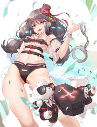 Rule 34 | 1girl, ahoge, bare legs, belt, bikini, breasts, brown bikini, brown hair, brown hat, character request, coffin, commentary, commission, cowboy shot, cuffs, earrings, eighth note, elsword, falling money, fang, handcuffs, hat, highres, holding, holding handcuffs, jewelry, korean commentary, kuzel (bonolangje), long hair, looking at viewer, low-tied long hair, medium breasts, mini hat, musical note, navel, open mouth, orange eyes, skin fang, smile, solo, sunglasses, swimsuit, twintails, white background