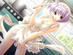 Rule 34 | 1girl, apron, blue hair, bonnet, breasts, cleavage, dutch angle, female focus, game cg, indoors, kitchen, ladle, large breasts, light purple hair, maid headdress, naked apron, natural another one 2nd belladonna, nature, short hair, sky, smile, solo, suzuri aoba, tsurugi hagane, window, yellow eyes