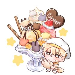 Rule 34 | 1boy, animal-themed food, animal ears, blonde hair, bright pupils, brown eyes, character food, chibi, commentary request, debwi mos hamyeon jugneun byeong geollim, dog boy, dog ears, dog tail, enoki ij, food, food on face, fruit, hat, holding, ice cream, kemonomimi mode, korean commentary, male focus, park moondae, pastry bag, short hair, simple background, solo, sprinkles, standing, star (symbol), strawberry, tail, white background, white hat, white pupils