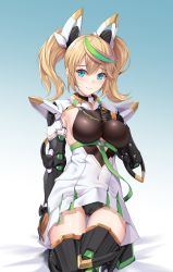 Rule 34 | 1girl, aqua eyes, bed sheet, black panties, blonde hair, blush, boots, breasts, cameltoe, commentary request, commission, covered navel, dress, elbow gloves, full body, gene (pso2), gloves, gradient background, hair ornament, hand on own chest, hand up, highres, kneeling, lips, long hair, looking at viewer, matrix16, medium breasts, multicolored hair, panties, phantasy star, phantasy star online 2, shiny clothes, shiny skin, short dress, simple background, smile, solo, thigh boots, thighs, twintails, two-tone hair, underwear