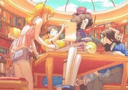Rule 34 | 2girls, 4boys, afro, ascot, black hair, blonde hair, blue ascot, blue shirt, blue shorts, bookshelf, brook (one piece), chair, commentary request, dumbbell, frilled shirt, frills, from below, green hair, hand in pocket, haramaki, hat, high-waist pants, highres, holding, holding dumbbell, holding instrument, holding paper, holding pen, holding violin, indoors, instrument, long hair, molymes, monkey d. luffy, multiple boys, multiple girls, nami (one piece), nico robin, one eye closed, one piece, open clothes, open shirt, orange hair, pants, paper, pen, pink shirt, ponytail, profile, roronoa zoro, sanji (one piece), scar, scar across eye, scar on face, shirt, shirt tucked in, short hair, shorts, sidelocks, sitting, skeleton, sky, straw hat, table, top hat, violin, waistcoat