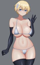 Rule 34 | 1girl, absurdres, bakeneko-nya, bare shoulders, bikini, black gloves, black thighhighs, blonde hair, blue eyes, breasts, cleavage, closed mouth, collarbone, commentary, cowboy shot, elbow gloves, girls&#039; frontline, gloves, grey background, groin, hair between eyes, hair ornament, hand up, highres, large breasts, looking at viewer, mole, mole on breast, mole under eye, navel, short hair, sidelocks, simple background, skindentation, snowflake hair ornament, solo, standing, stomach, strap pull, swimsuit, thighhighs, vsk-94 (girls&#039; frontline), white bikini