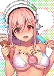 Rule 34 | 1girl, between breasts, bikini, blush, breasts, cleavage, food, headphones, ice cream, ice cream cone, large breasts, long hair, melting, nitroplus, open mouth, pink hair, popsicle, red eyes, solo, super sonico, swimsuit, wavy mouth, white bikini, yuksi