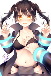 Rule 34 | 1girl, 1other, absurdres, black bra, black coat, black hair, blush, bra, grabbing another&#039;s breast, breasts, cleavage, coat, commentary request, embarrassed, en&#039;en no shouboutai, fangs, firefighter, grabbing, groin, hair between eyes, hands up, highres, hip vent, long hair, looking at viewer, medium breasts, midriff, navel, open mouth, pov, pov hands, simple background, skin fangs, solo focus, surprised, tamaki kotatsu, twintails, underwear, white background, wide sleeves, xx momomo xx, yellow eyes