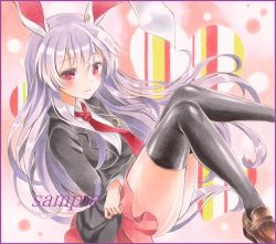 Rule 34 | 1girl, animal ears, arm across waist, arm rest, bad id, bad pixiv id, black thighhighs, blazer, border, breasts, colored pencil (medium), crescent, gradient background, heart, jacket, leg lift, light purple hair, light smile, loafers, long hair, looking at viewer, loose necktie, marker (medium), medium breasts, necktie, parted lips, pin, pink skirt, potto, potto (minntochan), rabbit ears, reclining, red eyes, reisen udongein inaba, sample watermark, shoes, skirt, solo, thighhighs, touhou, traditional media, very long hair, watermark