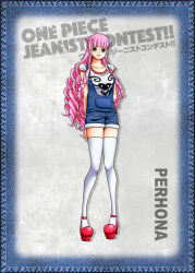 Rule 34 | 1girl, arms behind back, black eyes, blunt bangs, boots, braid, breasts, character name, closed mouth, collarbone, denim, denim overalls, drill hair, facing viewer, female focus, folded ponytail, full body, high heel boots, high heels, legs together, long hair, looking at viewer, no pupils, one piece, overall shorts, overalls, perona, pink hair, red footwear, shoes, sidelocks, solo, thighhighs, thighs, very long hair, white thighhighs, zettai ryouiki