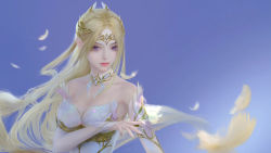 Rule 34 | 1girl, bare shoulders, blonde hair, blue background, blue eyes, bug, butterfly, closed mouth, detached collar, detached sleeves, douluo dalu, dress, falling feathers, feathers, glowing butterfly, highres, hua shi shanshui, insect, long hair, qian renxue (douluo dalu), second-party source, smile, solo, sparkle, upper body, white dress