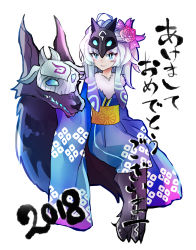 Rule 34 | 1girl, 2018, blue eyes, flower, hair flower, hair ornament, highres, hooves, japanese clothes, kimono, kindred (league of legends), lamb (league of legends), league of legends, no humans, white hair, wolf (league of legends)