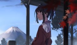 Rule 34 | 1girl, black eyes, black hair, blue sky, blurry, blurry background, blurry foreground, cloud, day, depth of field, from side, fuyuno kamome, highres, japanese clothes, kimono, leaf, maple leaf, mount fuji, obi, original, outdoors, parted lips, ponytail, red kimono, sash, short hair, sky, solo, standing