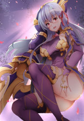 Rule 34 | 1girl, armlet, armor, ass, backlighting, bikini armor, blush, bracelet, breasts, collar, detached sleeves, dress, earrings, fate/grand order, fate (series), floral print, hair ribbon, highres, jewelry, kama (fate), kama (second ascension) (fate), large breasts, long hair, looking at viewer, md5 mismatch, metal collar, open mouth, pelvic curtain, petals, purple dress, purple sleeves, purple thighhighs, red eyes, resolution mismatch, ribbon, ring, sezok, sideboob, silver hair, smile, solo, source smaller, thighhighs, thighlet, thighs, vajra (macross)