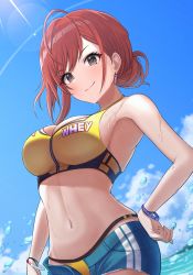 Rule 34 | 1girl, ahoge, arisugawa natsuha, armpits, bikini, blue shorts, blue sky, breasts, cleavage, cloud, commentary, day, dot nose, earrings, eyelashes, grey eyes, hair bun, hand on own hip, highres, idolmaster, idolmaster shiny colors, jewelry, large breasts, light blush, looking at viewer, navel, open pants, orange hair, osoba susurukun, pants, short shorts, shorts, sky, smile, solo, stomach, sunlight, swimsuit, water drop, wet, wristband, yellow bikini