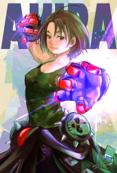 Rule 34 | 1girl, absurdres, breasts, brown eyes, brown hair, camouflage tank top, character name, cleavage, clothes around waist, cowboy shot, gloves, highres, justice gakuen, kazama akira, looking at viewer, short hair, small breasts, smile, solo, street fighter, street fighter v, suehiro sanpachi, tank top