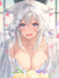 Rule 34 | 1girl, :d, animal ear fluff, animal ears, arl, bare shoulders, blue eyes, blurry, blurry background, blush, bouquet, breasts, bridal veil, bride, cleavage, collarbone, commentary, depth of field, dress, fangs, flower, hair intakes, holding, holding bouquet, large breasts, long hair, looking at viewer, nose blush, open mouth, original, petals, rose, see-through, sidelocks, silver hair, skindentation, smile, strapless, symbol-only commentary, veil, very long hair, wedding dress, yellow flower, yellow rose