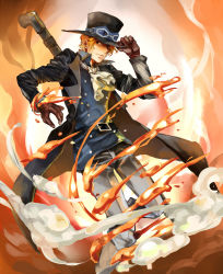 Rule 34 | 1boy, belt, blonde hair, brown gloves, fire, gloves, goggles, goggles on headwear, hat, hat tip, highres, long coat, male focus, marcia (sthforlove), one piece, sabo (one piece), smoke, solo, top hat