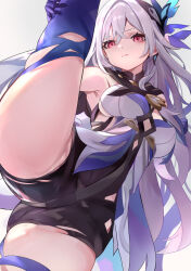 Rule 34 | 1girl, breasts, butterfly hair ornament, closed mouth, detached sleeves, expressionless, genshin impact, gradient gloves, grey hair, hair between eyes, hair ornament, leg up, long hair, looking at viewer, medium breasts, simple background, skirk (genshin impact), solo, split, thighs, tomas (kaosu22), upper body, very long hair, white background