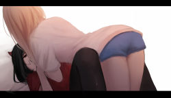 Rule 34 | 2girls, all fours, black hair, blonde hair, blue shorts, demon horns, eye contact, facing away, girl on top, hand on another&#039;s cheek, hand on another&#039;s face, highres, horns, letterboxed, long hair, looking at another, lying, multiple girls, on back, original, pillow, red eyes, red shirt, shimmer, shirt, short shorts, short sleeves, shorts, thighhighs, white shirt, yuri