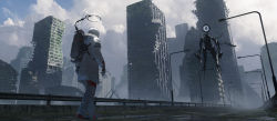 Rule 34 | 1girl, 1other, absurdres, asteroid ill, building, cloud, cloudy sky, coat, full body, gloves, guard rail, halo, highres, lamppost, long sleeves, mechanical halo, monster, observer (asteroid ill), original, road, sky, standing, street, walking, white coat, white gloves, white hair