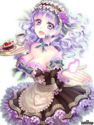 Rule 34 | 1girl, :d, apron, bare shoulders, breasts, cake, cleavage, cup, detached sleeves, food, frills, frontier town, hairband, heart, large breasts, light purple hair, lolita hairband, maid apron, open mouth, psychic hearts, purple eyes, smile, solo, teacup, tray