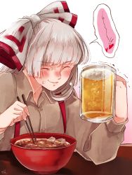 Rule 34 | 1girl, alcohol, bad id, bad twitter id, beer, beer mug, beige shirt, blush, bow, buttons, chopsticks, closed eyes, closed mouth, collared shirt, cup, food, fujiwara no mokou, gradient background, hair bow, heart, highres, holding, holding chopsticks, holding cup, long hair, long sleeves, mokoiscat, mug, noodles, ramen, shirt, signature, smile, solo, suspenders, touhou, white hair, yellow bow