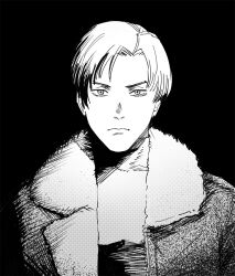 Rule 34 | 1boy, absurdres, commentary, frown, greyscale, highres, jacket, leon s. kennedy, male focus, monochrome, portrait, resident evil, resident evil 4, serious, solo, turtleneck, xyanaid