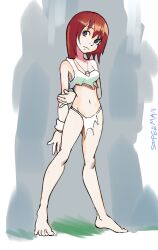 Rule 34 | 1girl, arm behind back, artist name, bare legs, barefoot, blue eyes, bra, breasts, closed mouth, commentary, commission, english commentary, female focus, full body, highres, jewelry, kairi (kingdom hearts), kingdom hearts, loincloth, medium hair, midriff, navel, necklace, red hair, single strap, small breasts, solo, sooperman, standing, toes, underwear, white bra