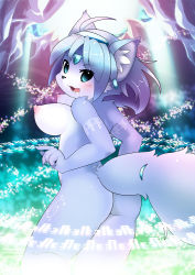 Rule 34 | 1girl, artist request, ass, blue eyes, blue hair, blush, breasts, censored, furry, furry female, hair ornament, headband, huge ass, jewelry, krystal, large breasts, magic, markings, matching hair/eyes, nintendo, nipples, nude, open mouth, short hair, solo, star fox, tail, teeth, tongue, wide hips