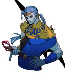 Rule 34 | 1boy, absurdres, ancient greek clothes, armor, blue hair, blue skin, chromatic aberration, colored skin, expressionless, fan mu zhang, greco-roman clothes, hades (series), hades 1, hand on own hip, highres, holding, holding whip, long hair, looking at viewer, male focus, megaera (hades), orange eyes, ponytail, shoulder armor, solo, upper body, weapon