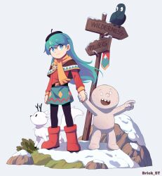 Rule 34 | 1girl, absurdres, alternate costume, baba (hilda), badge, belt, beret, bird, blue eyes, blue hair, boots, brick st, capelet, crow, english text, full body, grass, great raven (hilda), hat, highres, hilda (hilda), hilda (series), holding hands, long hair, looking to the side, pointing, red footwear, red sweater, rock, scarf, shadow, signature, signpost, simple background, skirt, smile, snow, sweater, translated, troll, twig (hilda), typo, woff