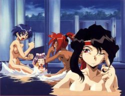 Rule 34 | 1990s (style), 4girls, :d, :o, afura mann, angry, back, battle, black hair, blue hair, blush, bow, breasts, censored, cleavage, clenched hands, clenched teeth, closed eyes, cloud, convenient censoring, dark-skinned female, dark skin, earrings, el hazard, eye contact, facial mark, fighting stance, forehead mark, groin, hair bow, happy, headband, holding, index finger raised, ishiel soelu, jewelry, large breasts, long hair, looking at another, miz mishtal, mole, mole under eye, multiple girls, nude, official art, one eye closed, onsen, open mouth, partially submerged, pillar, ponytail, profile, purple hair, red eyes, retro artstyle, scrunchie, shayla-shayla, short hair, sideboob, sidelocks, sitting, sky, smile, splashing, standing, teeth, towel, towel on head, tree, very long hair, water, wavy hair, wavy mouth, wide hips