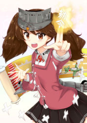 Rule 34 | 10s, 1girl, aircraft, airplane, bad hands, brown eyes, brown hair, brown skirt, kantai collection, looking at viewer, machinery, magatama, onmyouji, open mouth, outstretched hand, pleated skirt, rocha (aloha ro cha), ryuujou (kancolle), scroll, simple background, skirt, solo, twintails, visor cap, white background