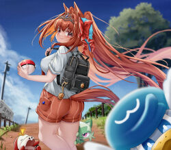 Rule 34 | 1girl, animal ears, ass, backpack, bag, blue sky, blurry, blurry background, blurry foreground, bow, breasts, brown hair, closed mouth, covered erect nipples, creatures (company), crossover, daiwa scarlet (umamusume), day, fang, floating hair, from behind, fuecoco, game freak, hair bow, hair intakes, hair ornament, highres, holding, holding poke ball, horse ears, horse girl, horse tail, large breasts, long hair, looking at viewer, looking back, nintendo, outdoors, peeking out, poke ball, poke ball (basic), pokemon, pokemon (creature), pokemon sv, quaxly, red eyes, school uniform, shirt, short sleeves, shorts, size difference, skin fang, sky, smile, sprigatito, standing, tabunshake, tail, tiara, twintails, umamusume, uva academy school uniform, very long hair, white shirt