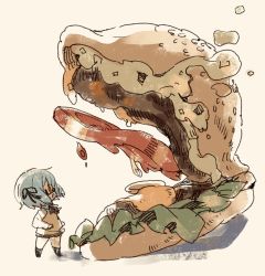 Rule 34 | 1girl, absurdres, blouse, borrowed character, burger, food, from side, highres, mota, oversized food, oversized object, shirt, simple background, solo, white shirt