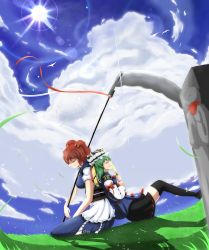 Rule 34 | bow, bowtie, carving, closed mouth, cloud, cloudy sky, epic armageddon, closed eyes, grass, green hair, hair ornament, hat, highres, leaning, leaning back, leaning on person, on ground, onozuka komachi, open mouth, red hair, ribbon, rod of remorse, scythe, shadow, shiki eiki, sitting, sky, smile, statue, sun, touhou