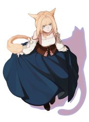 Rule 34 | 1girl, absurdres, animal ears, warrior of light (ff14), blonde hair, blue eyes, blue skirt, bow, braid, brown footwear, cat ears, cat girl, cat tail, closed eyes, closed mouth, clothes lift, collarbone, corset, detached sleeves, eyebrows hidden by hair, facial mark, final fantasy, final fantasy xiv, full body, hair intakes, highres, lifting own clothes, long skirt, long sleeves, medium hair, miqo&#039;te, shirt, simple background, skirt, skirt lift, smile, solo, tail, white background, white bow, white shirt, yoshikyuu