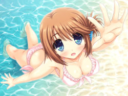 Rule 34 | 1girl, :o, aoi akua, bikini, blue eyes, blush, breasts, brown hair, cleavage, covered erect nipples, folded ponytail, foreshortening, frilled bikini, frills, from above, front-tie top, hand up, komaki manaka, looking at viewer, open mouth, short hair, solo, standing, swimsuit, to heart, to heart (series), to heart 2, wading