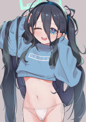 Rule 34 | 1girl, absurdly long hair, absurdres, aqua halo, aris (blue archive), black hair, blue archive, blue eyes, blue shirt, blush, cowboy shot, fundoshi, green halo, grey background, halo, heart, heart-shaped pupils, highres, japanese clothes, long hair, long sleeves, looking at viewer, navel, one eye closed, open mouth, rectangular halo, ringed eyes, shirt, simple background, smile, solo, symbol-shaped pupils, underwear, very long hair, yakurope-moko