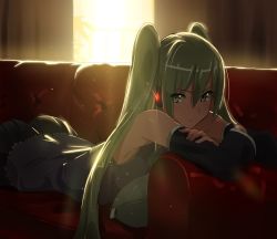 Rule 34 | 1girl, anime coloring, aqua hair, backlighting, bad id, bad twitter id, bare shoulders, black skirt, couch, crossed arms, curtains, dark, detached sleeves, domo1220, expressionless, glowing, green eyes, grey shirt, hair between eyes, hatsune miku, headphones, indoors, jpeg artifacts, light rays, long hair, looking at viewer, lying, on couch, on stomach, pillow, shirt, skirt, sleeveless, sleeveless shirt, solo, sunlight, twintails, very long hair, vocaloid, window