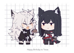 Rule 34 | 2girls, animal ear fluff, animal ears, arknights, black hair, black jacket, black legwear, black shorts, blush, cake, cake slice, candle, cheschorv, closed eyes, commentary request, english text, food, full body, hair between eyes, hair ornament, hairclip, happy birthday, highres, holding, id card, jacket, lappland (arknights), long hair, long sleeves, looking at another, material growth, multiple girls, open mouth, originium (arknights), oripathy lesion (arknights), pantyhose, parted lips, scar, scar across eye, scar on face, shorts, silver hair, smile, tail, texas (arknights), white background, white jacket, wolf ears