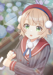 Rule 34 | 1girl, absurdres, apple (zdj0266), beret, blonde hair, blue ribbon, blunt bangs, braid, buttons, commentary request, double-breasted, french braid, green eyes, grey jacket, hair ornament, hair rings, hat, highres, holding, holding umbrella, indie virtual youtuber, jacket, lens flare, long sleeves, looking at viewer, neck ribbon, open mouth, outdoors, pinstripe jacket, pinstripe pattern, pom pom (clothes), pom pom hair ornament, rain, red hat, red sailor collar, ribbon, sailor collar, school uniform, shigure ui (vtuber), shigure ui (vtuber) (1st costume), short hair, sleeve cuffs, solo, striped clothes, striped jacket, transparent, transparent umbrella, umbrella, upper body, vertical-striped clothes, vertical-striped jacket, virtual youtuber